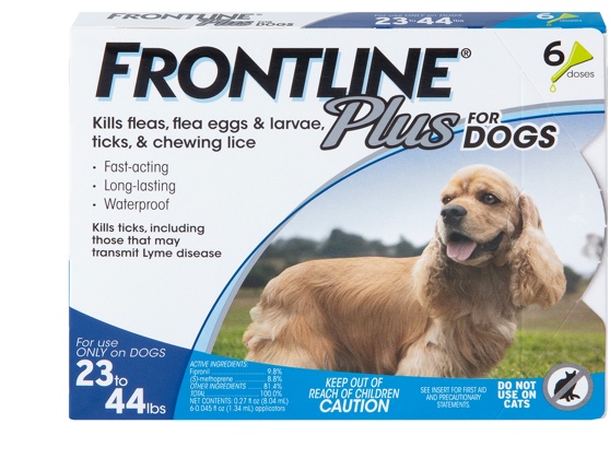 Package of front line for dogs size M, showing brown dog. 23 to 44 pounds