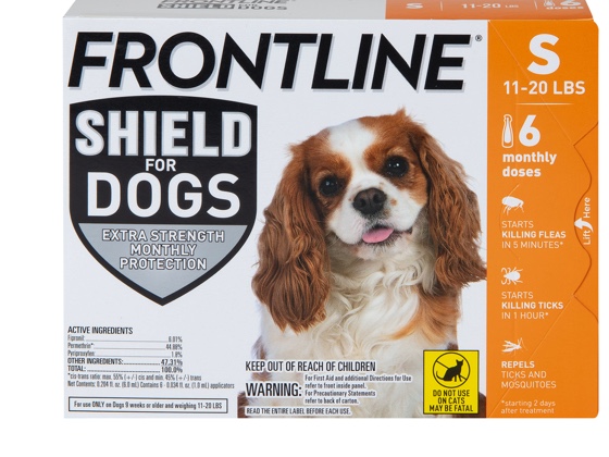 package of Shield for dog size S, showing white and brown dog 11 to 20 pounds 