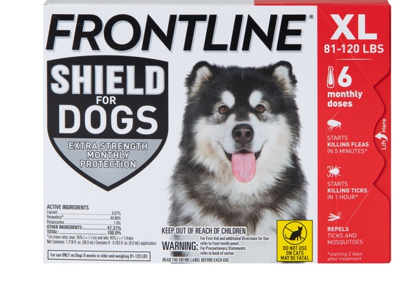 Package of Shield for dogs XL, showing gray and white dog. 81 to 120 pounds