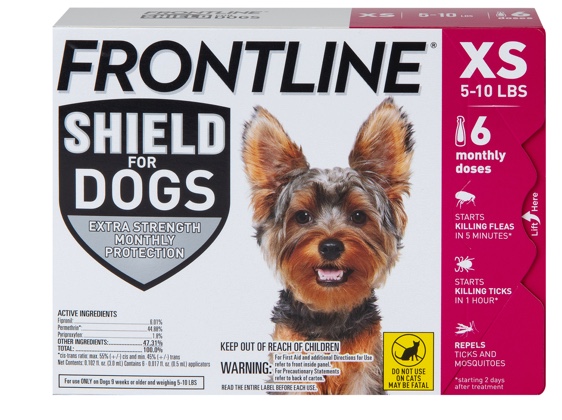 Package of Shield for dogs XS, showing gray and brown dog. 5 to 10 pounds