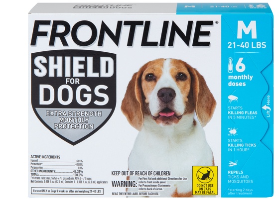 package of shield for dog size M, showing brown and white dog 21 to 40 pounds