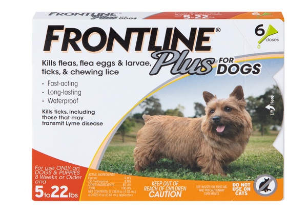 package of front line plus for dog size S, showing brown dog 5 to 22 pounds 