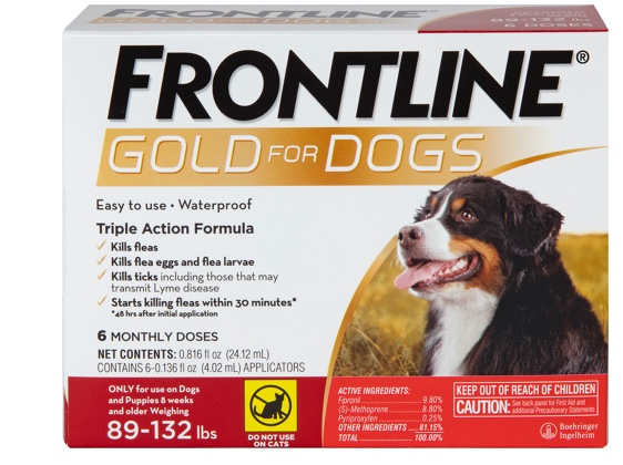 Package of Gold for dogs, showing gray and brown XL dog. 89 to 132 pounds