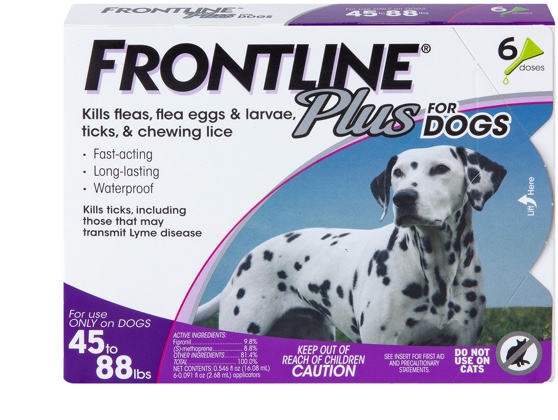 Front line plus for dogs package showing large dog 45 to 88 pounds