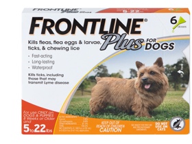 Front line plus for dogs package showing small brown dog 5 to 22lbs