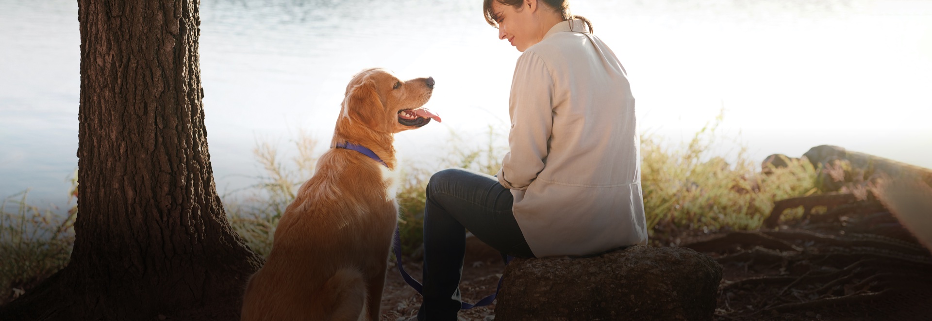 woman and dog sitting in front of water looking at each other